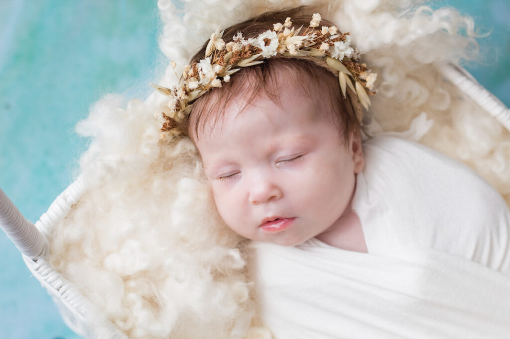Gold Coast QLD Newborn Photography  baby in blue with dried flower crown 